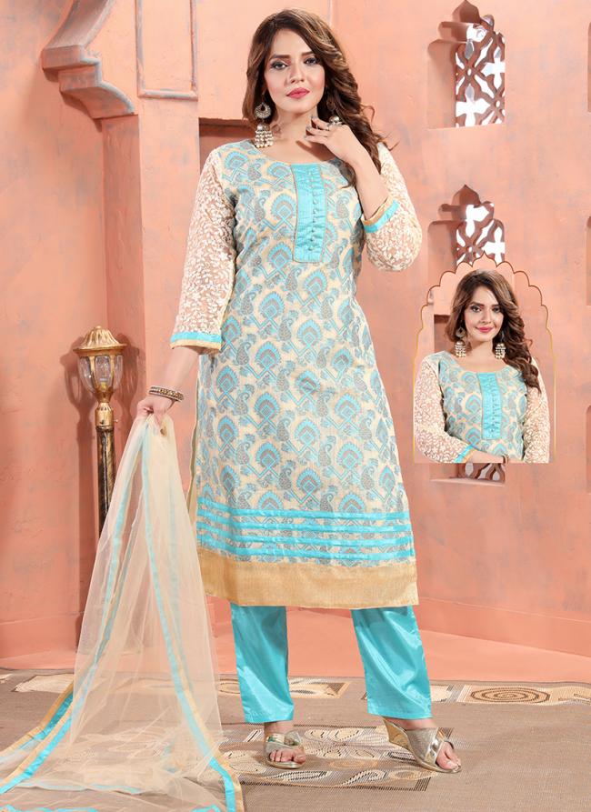 Sky Blue Brocade Silk Festival Wear Hand Work Plus Size Readymade Salwar Suit